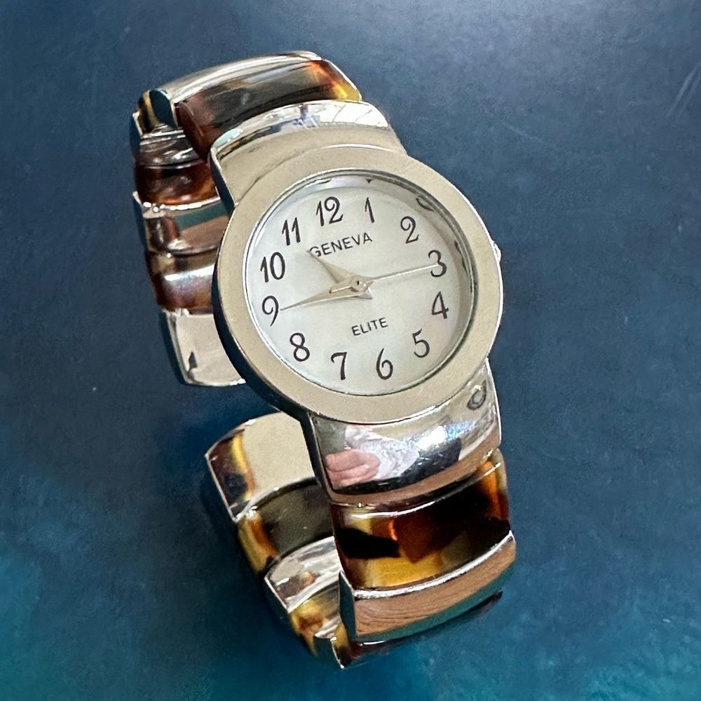 Geneva Elite Tortoise Shell and Silver-tone Cuff Watch Bracelet